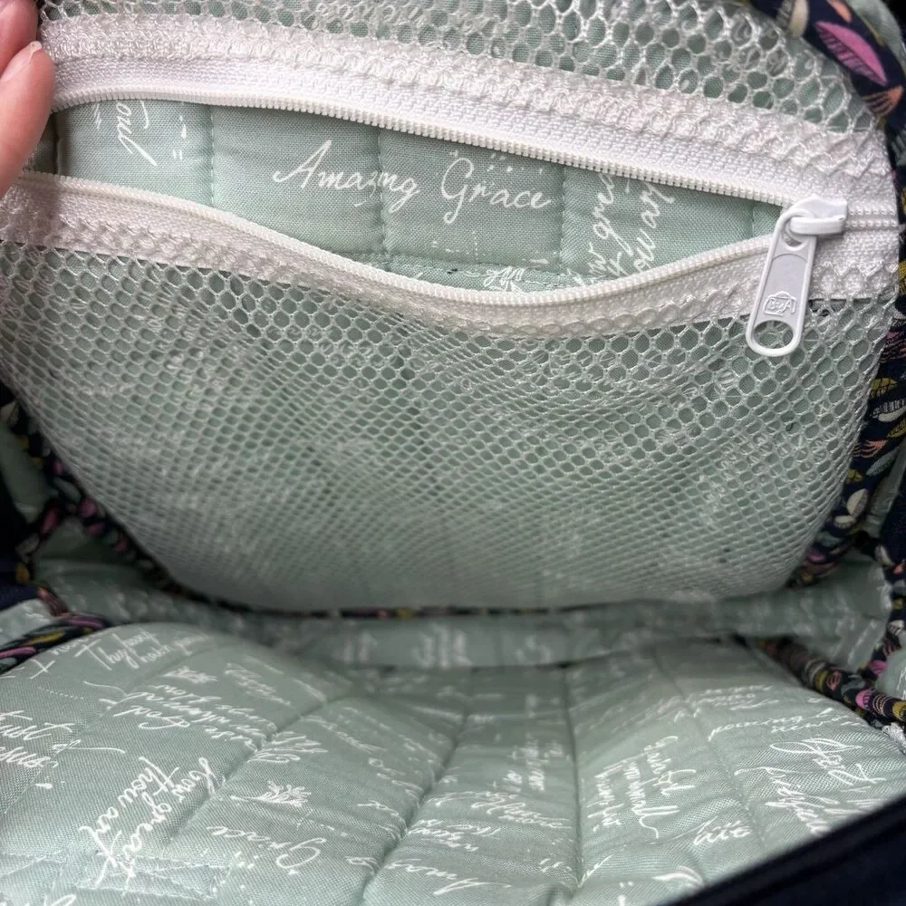 by A Quilted Backpack Adjustable Straps Blues Pink Floral With Side Pockets
